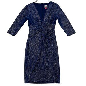 Vince Camuto Elegant Navy Glitter Wrap Dress Size 8 Holiday Party
